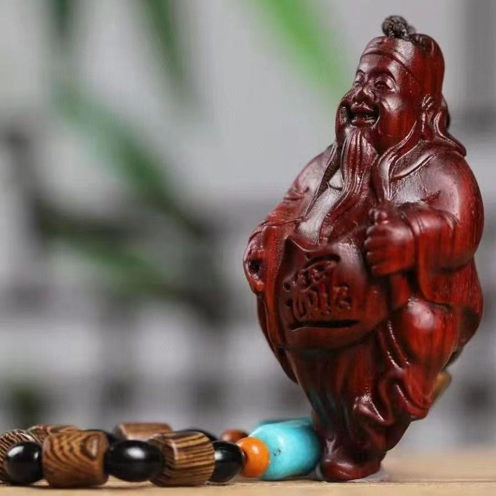 小叶紫檀财神摆件实木雕刻手把件家居装饰招财文玩工艺品五路财神