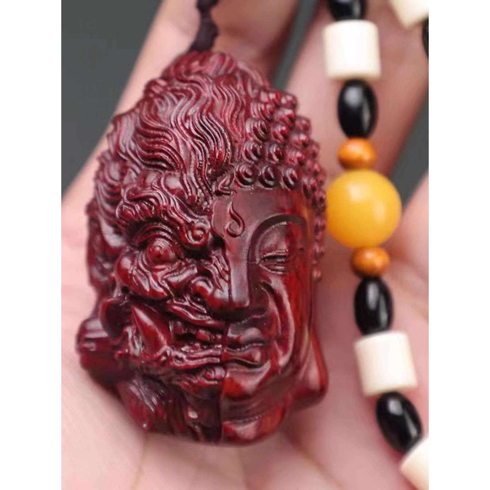小叶紫檀善恶佛魔一念之间手把件文玩黄杨木挂件红木小众木雕佛头