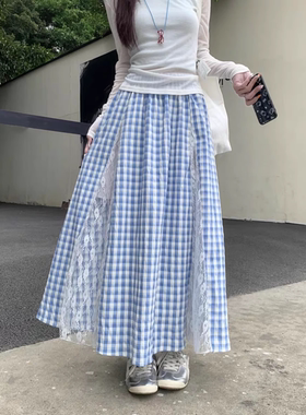 LA-66022 -042韩系甜美拼接蓝色格子半身裙女大码胖mm大摆a字长裙
