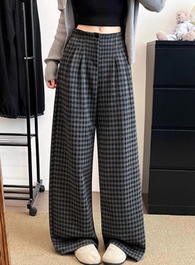 LA-66030- 040格子裤秋季新款高直筒休闲拖地裤小个子宽松阔腿裤