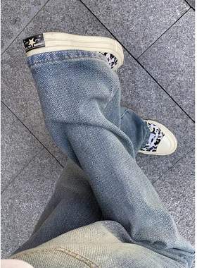 LA-7213-041大码牛仔裤女直筒显瘦梨形身材胖mm遮肚子遮胯宽裤子