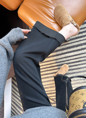 LA-7322-40-47  加绒毛边直筒牛仔裤女大码秋冬九分宽松阔腿裤