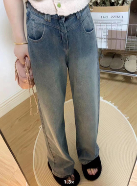 LA-7213-041梨形身材高腰牛仔裤女大码胖妹妹mm宽松显瘦直筒长裤