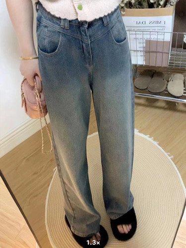 LA-7213-041梨形身材高腰牛仔裤女大码胖妹妹mm宽松显瘦直筒长裤