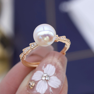 10mm圆扁 珍珠指环戒托配6 DIY配件 S925纯银小清新简约戒指空托