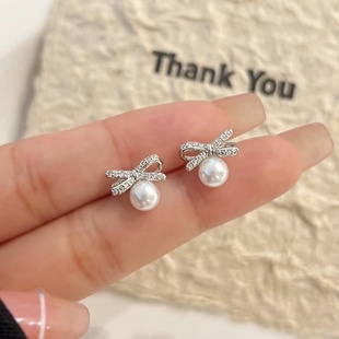 DIY配件 S925纯银小清新蝴蝶结耳钉空托 珍珠耳饰耳托配6-8m圆扁