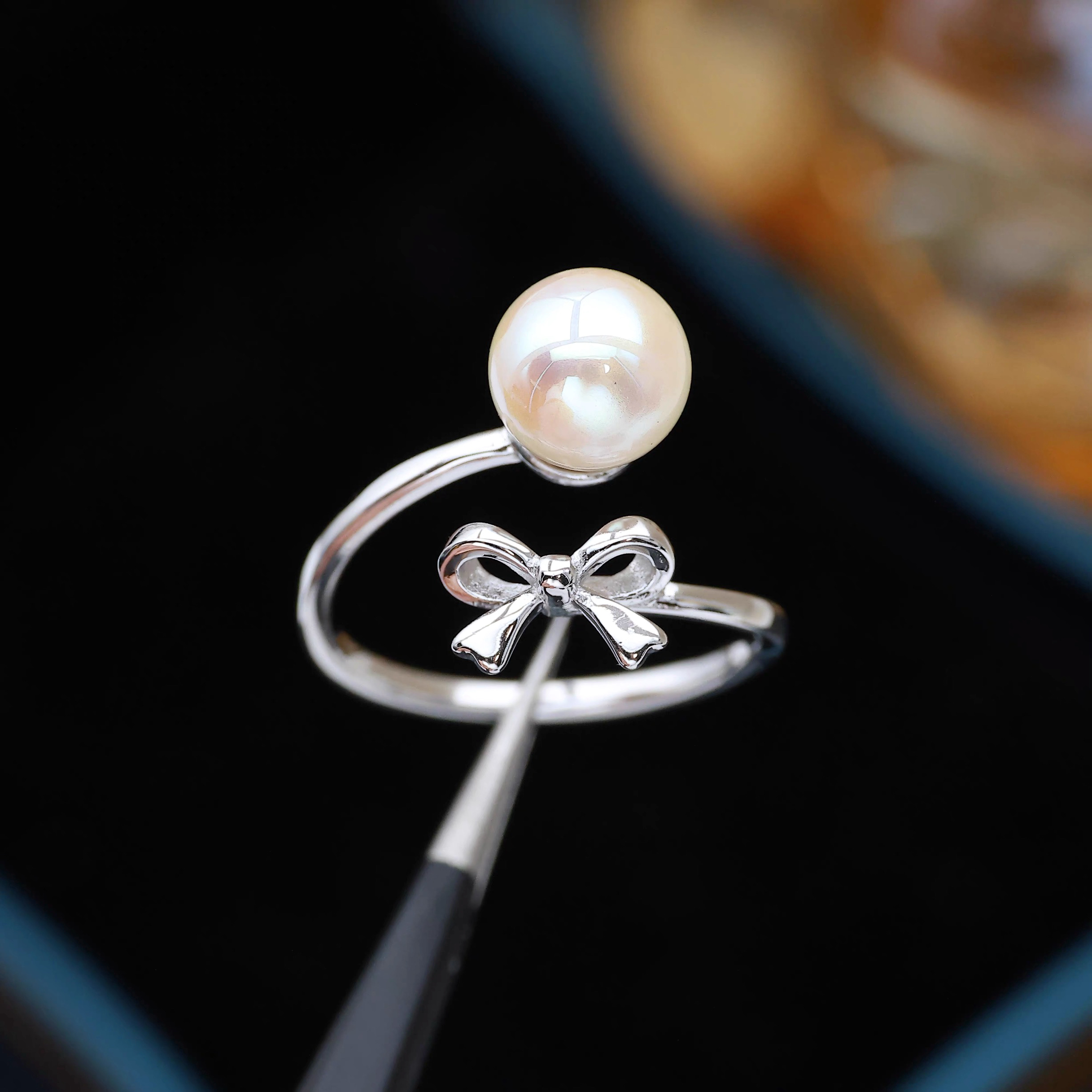 DIY珍珠配件 S925纯银光面蝴蝶结开口戒指空托 指环戒托6-8mm圆扁