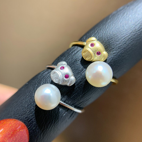 diy纯银磨砂萌萌哒戒指活口珍珠