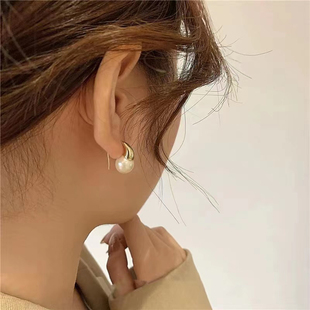 S925纯银耳环空托质感厚实耳钩耳饰半成品托金色银色 DIY珍珠配件