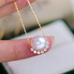 珍珠项链吊坠一体链含链子空托 套链 DIY配件 S925纯银圆形镶钻款