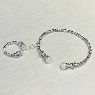8mm圆 手饰手环6 DIY配件 S925纯银双珠麻花戒指手镯两件套装