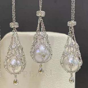 16mm 含吊坠项链坠子托10 DIY珍珠配件 S925纯银网兜福袋套链空托