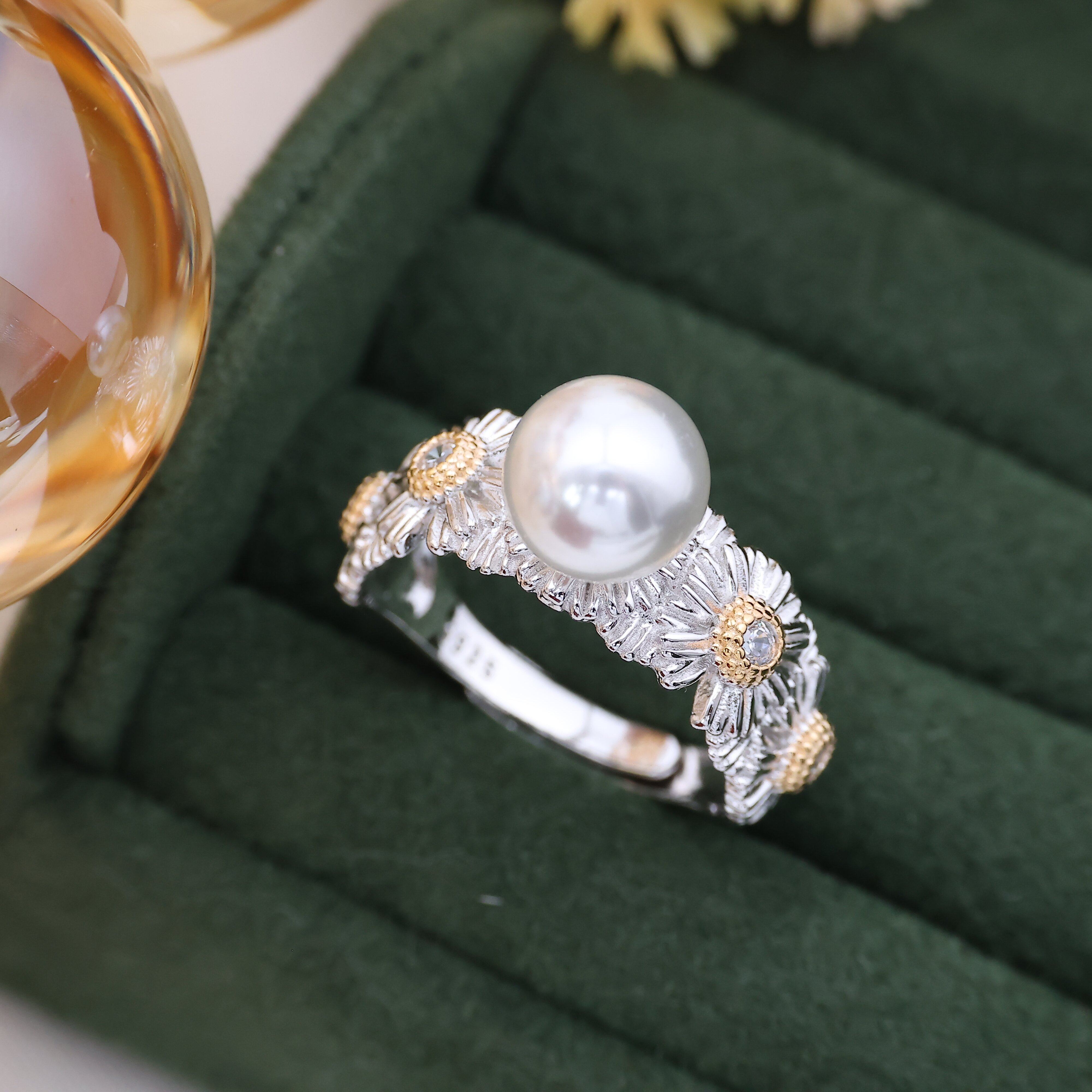 DIY珍珠配件 S925分色小雏菊戒指空托 指环戒托指圈8-10mm圆扁