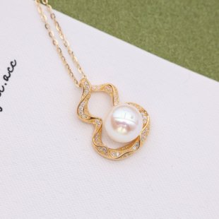 8mm圆扁 珍珠项链挂坠子托配6 DIY配件 S925纯银镶钻葫芦吊坠空托