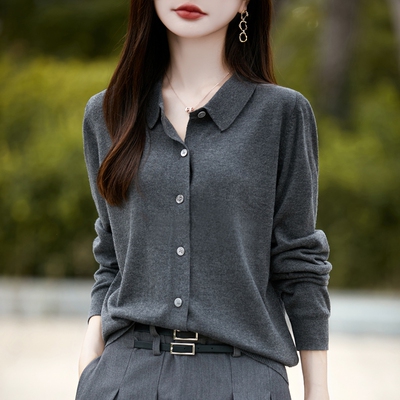 法式polo领针织开衫女长袖翻领衬衫拼色打底上衣2025新款精纺毛衫