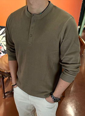 SOS美式休闲华夫格亨利领长袖重磅螺纹拼接T恤纯色百搭宽松上衣男