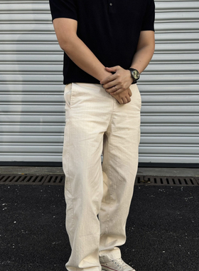 SOS纯棉人字纹质感休闲裤百搭宽松水洗弯刀长裤老钱风四季直筒裤