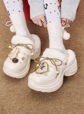 玛速主义2025年冬季新款厚底增高包头拖保暖加绒棉拖外穿毛毛鞋女