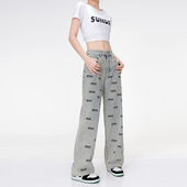 欧洲站重工绣花直筒牛仔裤 潮新款 女夏设计感印花高腰阔腿裤 拖地裤