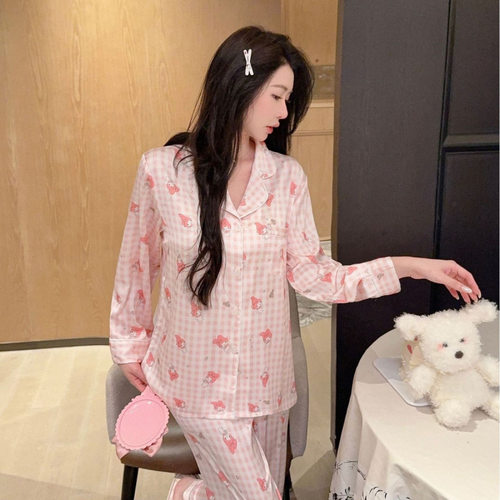 2026年秋冬季冰丝睡衣女可爱粉格兔兔薄款家居服可外穿套装格子
