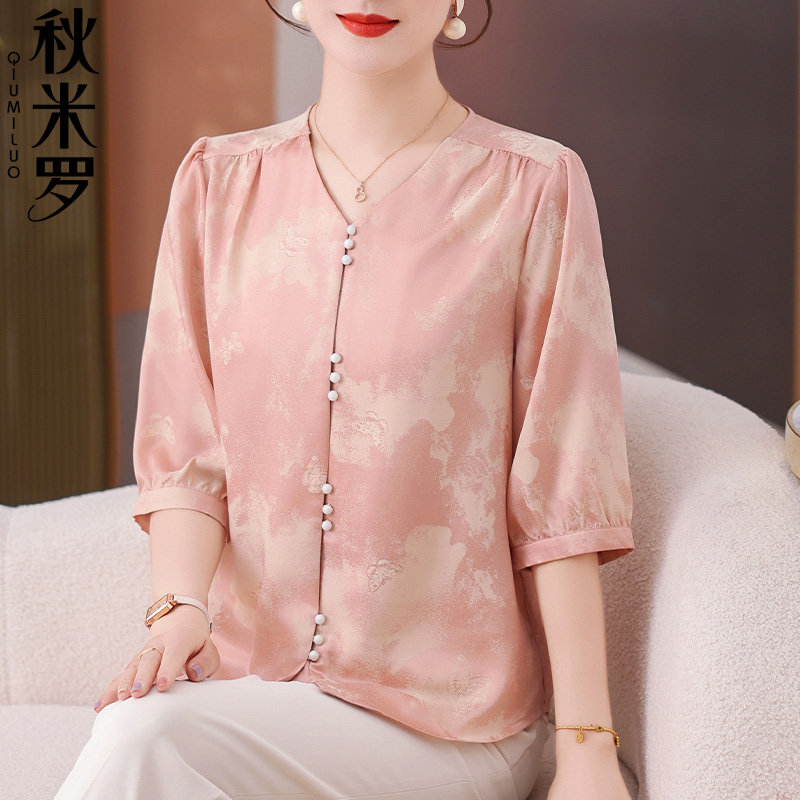 妈妈夏季薄款V领上衣中年妇女半袖小衫阔太太新中式气质减龄衬衫