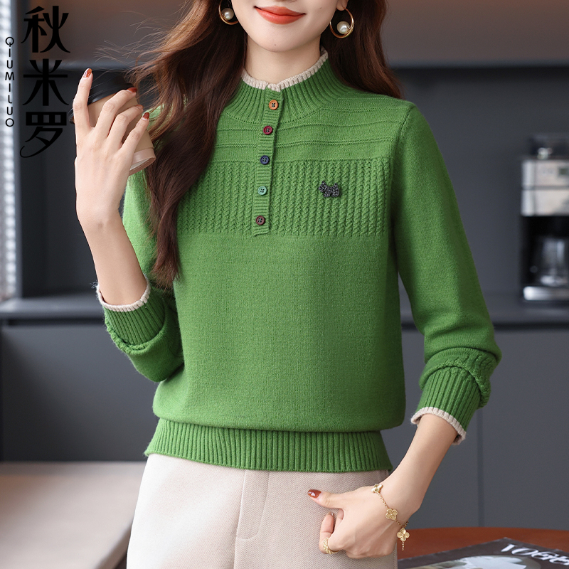 秋冬新款时尚减龄半高领针织打底衫上衣春秋宽松洋气显气质毛衣