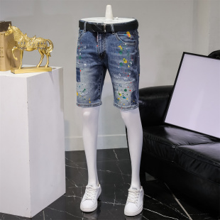 个性彩色喷漆牛仔短裤男修身弹力潮牌ins夏天五分裤时尚破洞裤子