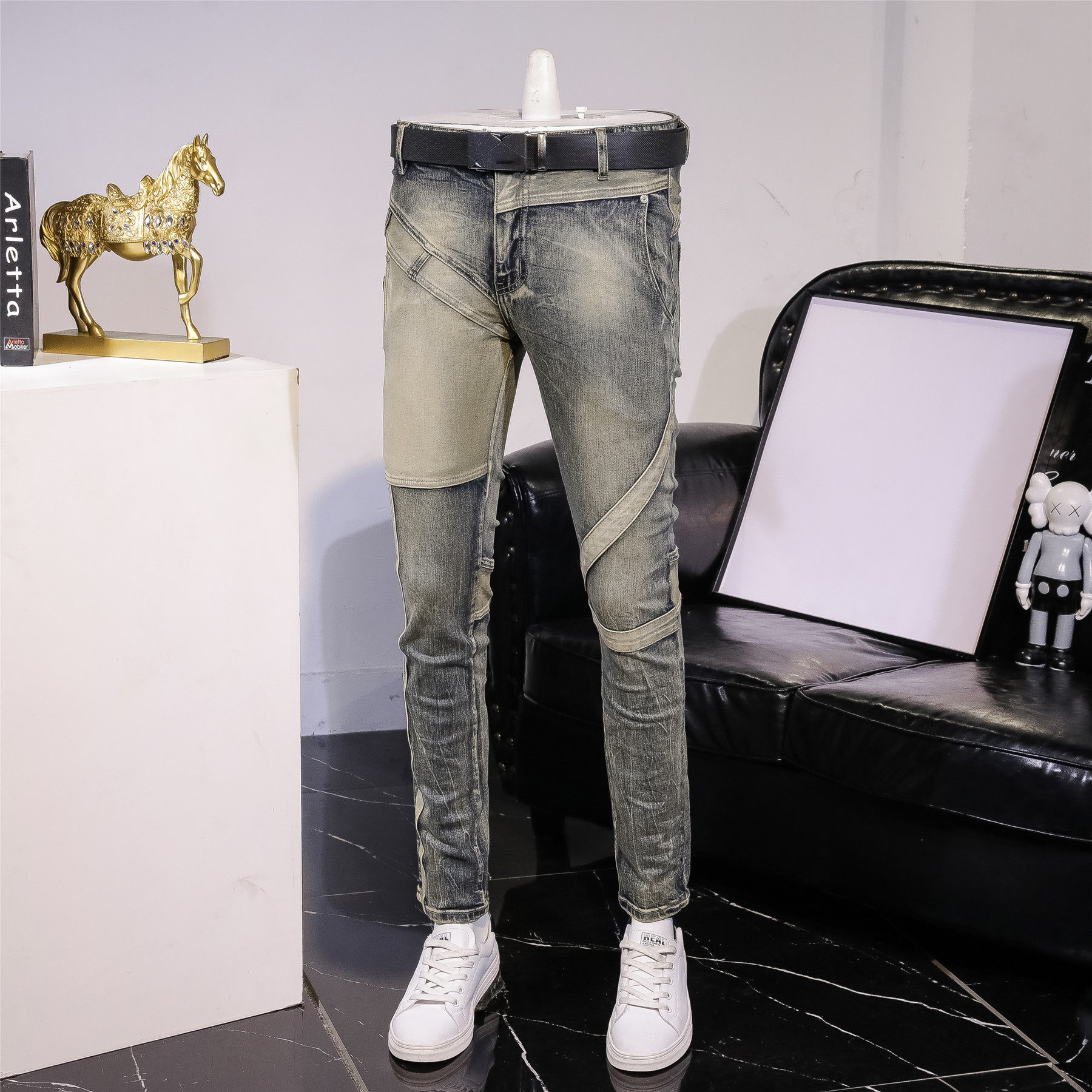 春秋怀旧时尚牛仔裤男修身小脚欧美风弹力长裤复古做旧拼接男2026