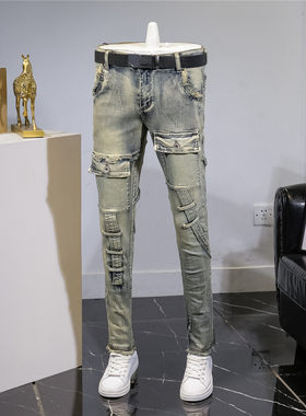 欧美修身牛仔裤男怀旧工装春秋时尚修身小直筒长裤子男休闲夏复古