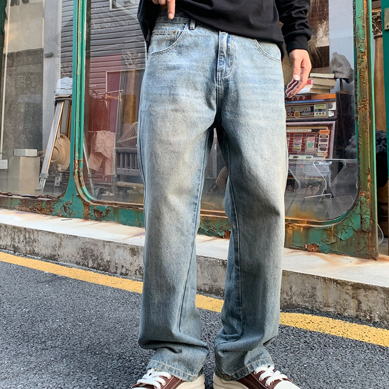 美式男牛仔裤炸街痞帅复古宽松做旧高街潮牌中直筒微喇裤春秋休闲