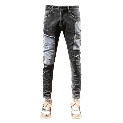 牛仔长裤男拼接破洞补丁