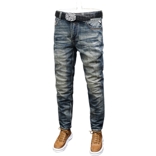 春秋韩版复古黄蓝牛仔裤男修身小直筒弹力复古牛仔长裤男士乱刮痕