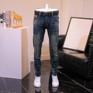秋冬复古时尚休闲牛仔裤男怀旧青年帅气百搭弹力长裤子修身小直筒