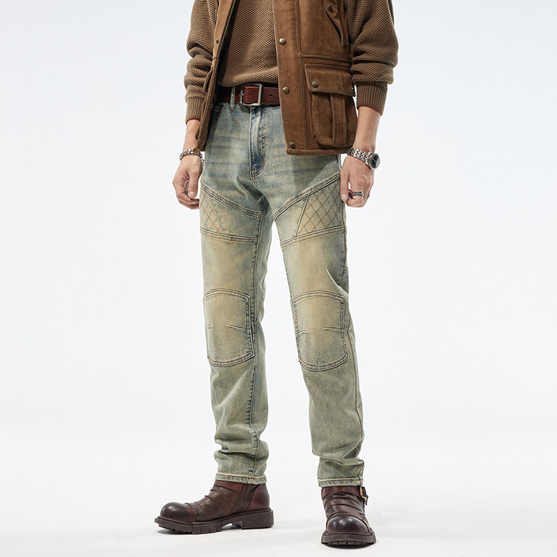 牛仔裤男欧美怀旧复古休闲直筒修身小脚春秋季时尚百搭长裤男拼接