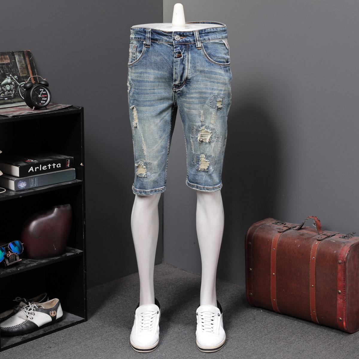 夏季新款复古牛仔短裤男修身弹力破洞五分裤百搭欧美怀旧5分中裤