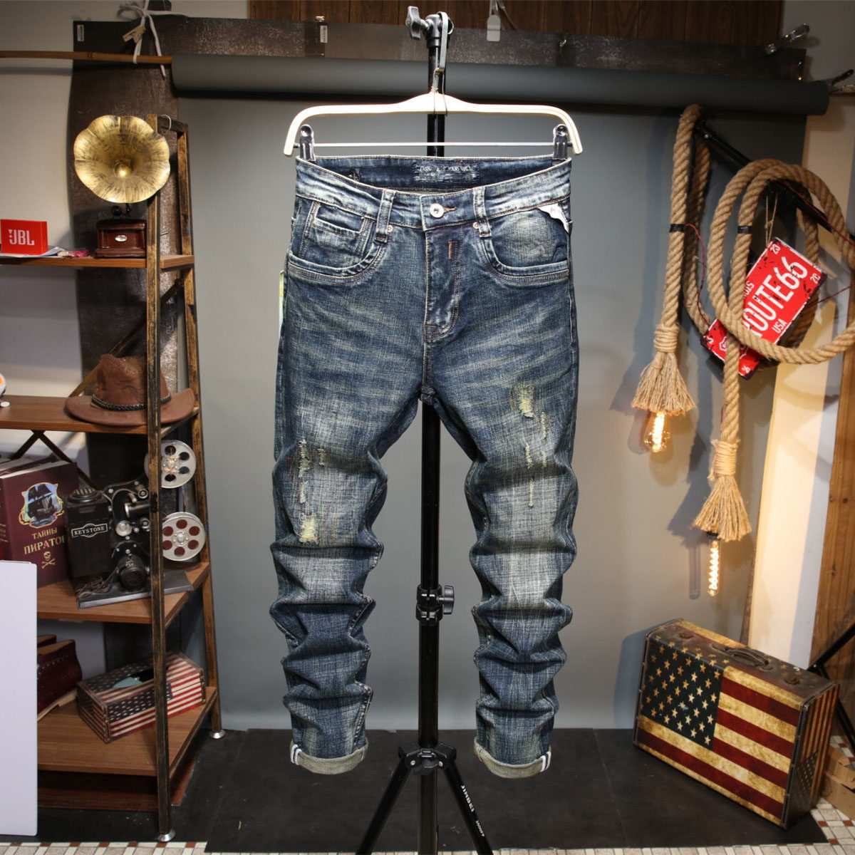 春秋季潮牌复古做旧破洞牛仔裤男修身小脚弹力潮流百搭长裤子怀旧