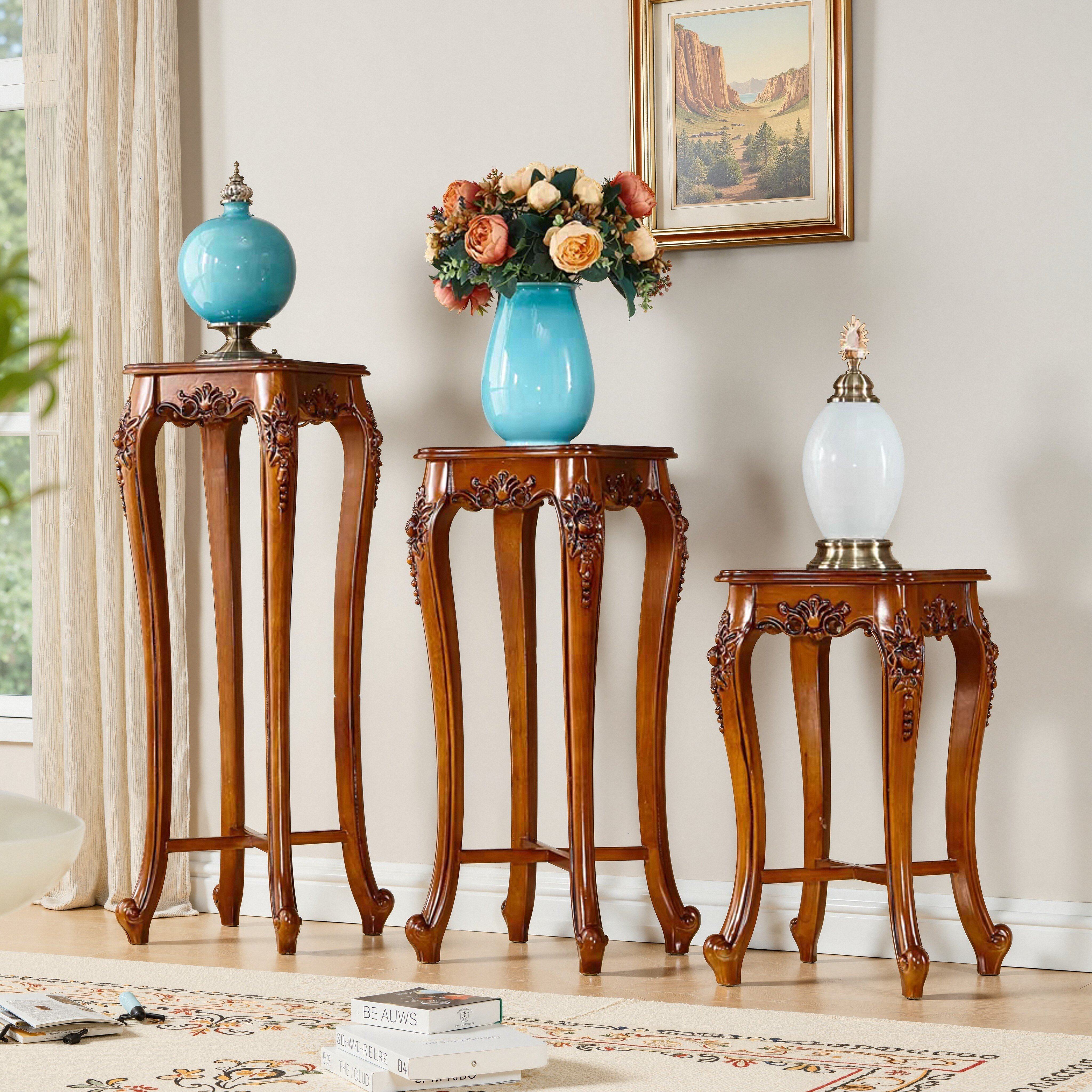 美式花架欧式全实木花架置物架雕花落地高脚花盆架花台实木陈列架