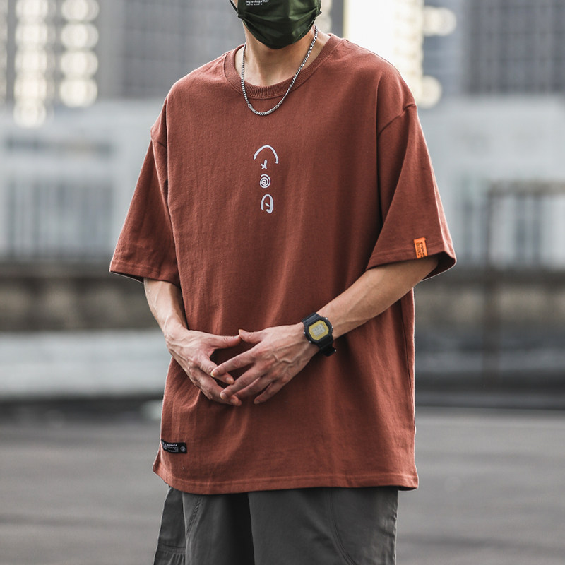 短袖男士夏季新款日系复古趣味图案印花t恤宽松百搭纯棉圆领半袖