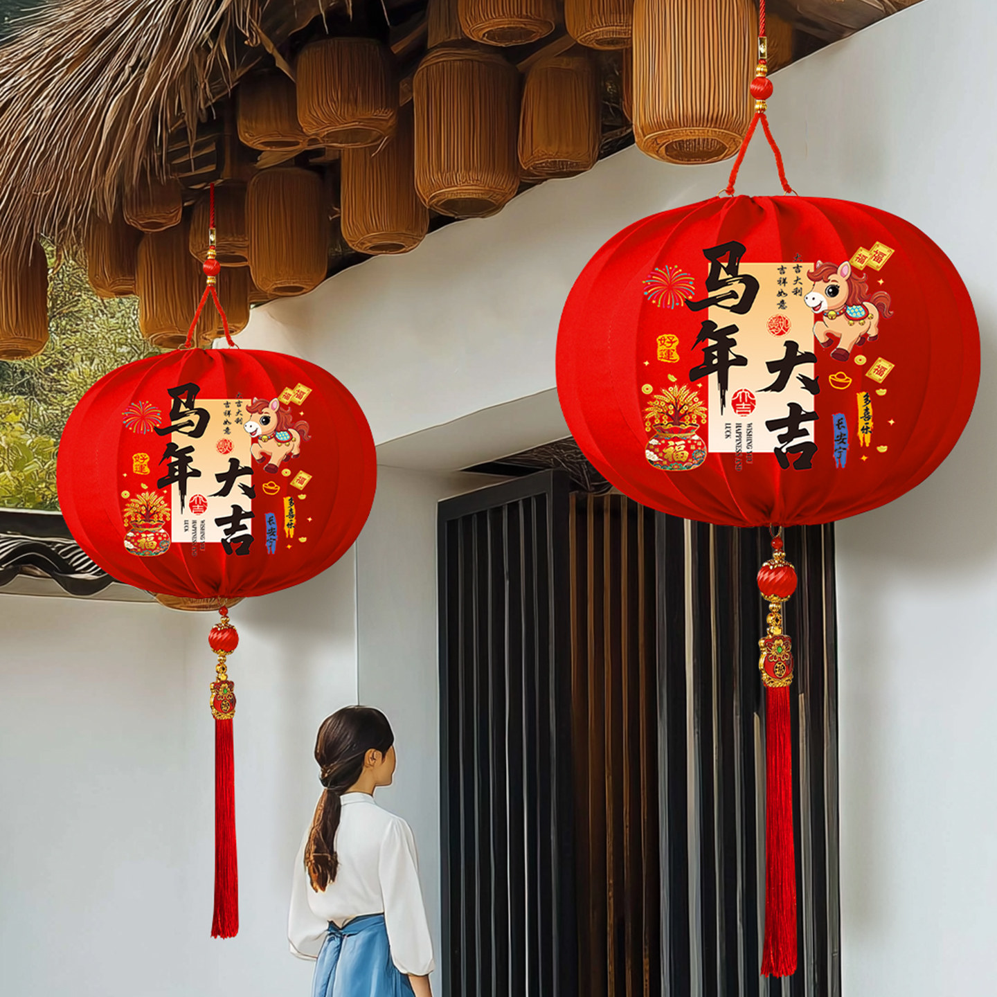 新年大红灯笼挂饰2026新款马年绒布福字防水宫灯春节过年装饰布置