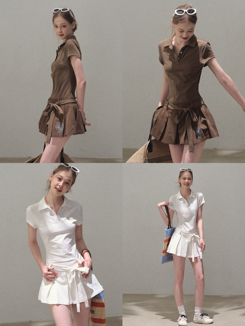 Model wearing a short-sleeve polo dress with pleated skirt in brown and white