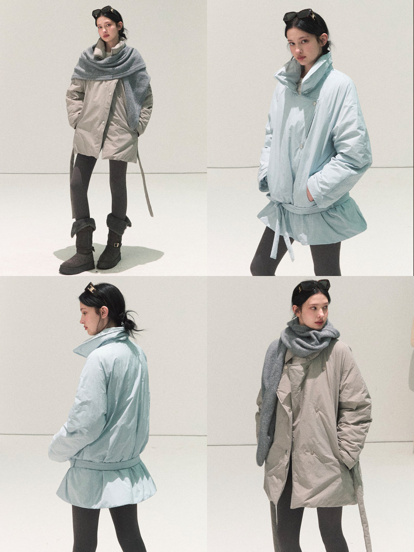 Model wearing a lightweight oversized winter coat in two colorways