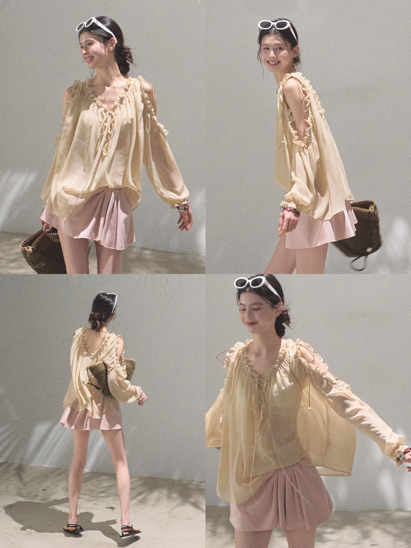 Model wearing a sheer ruffled beige blouse with pink shorts in a four-view collage