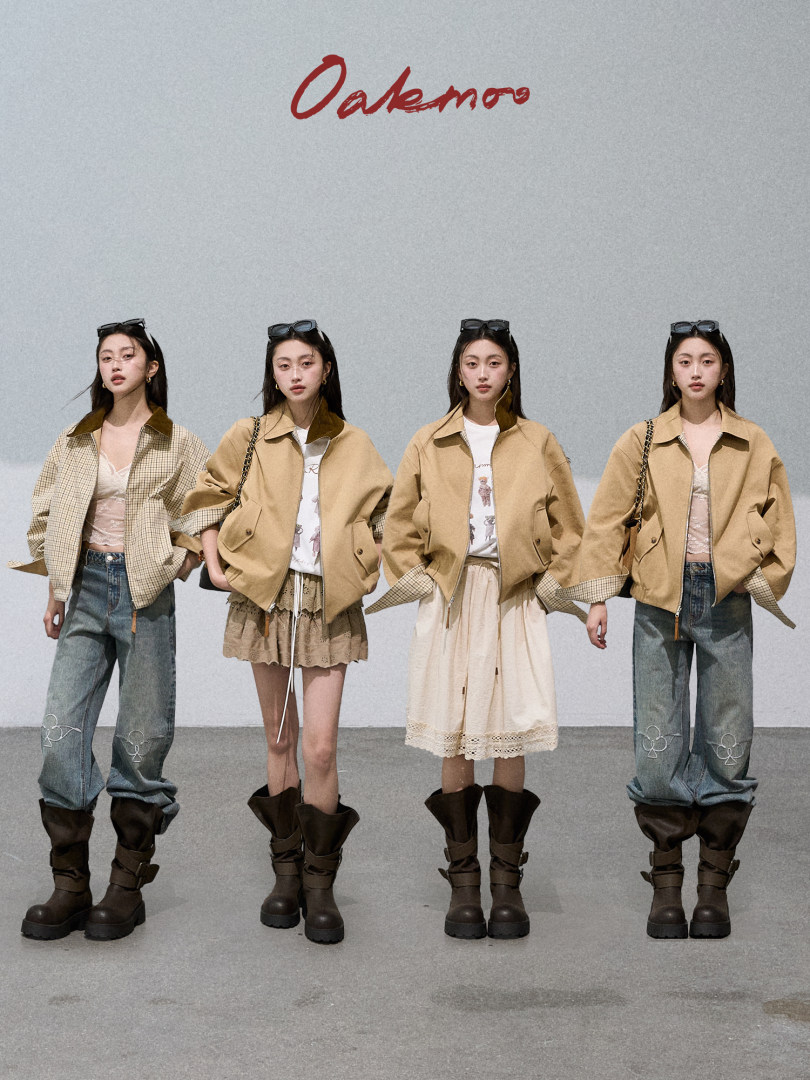 Four models wearing beige jackets styled with jeans, skirts, and black boots.