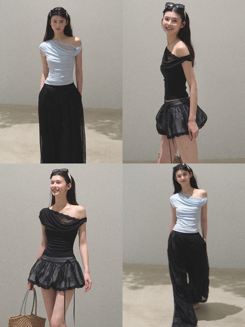 Collage of a model wearing off-shoulder draped tops in black and light blue with different bottoms