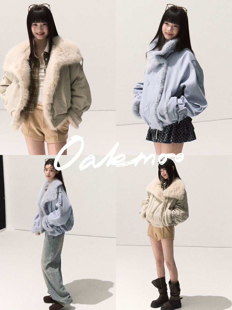 Collage of models wearing fur-trimmed winter jackets and shorts