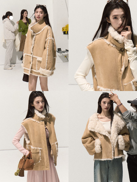 Tan shearling jacket shown on models from multiple angles