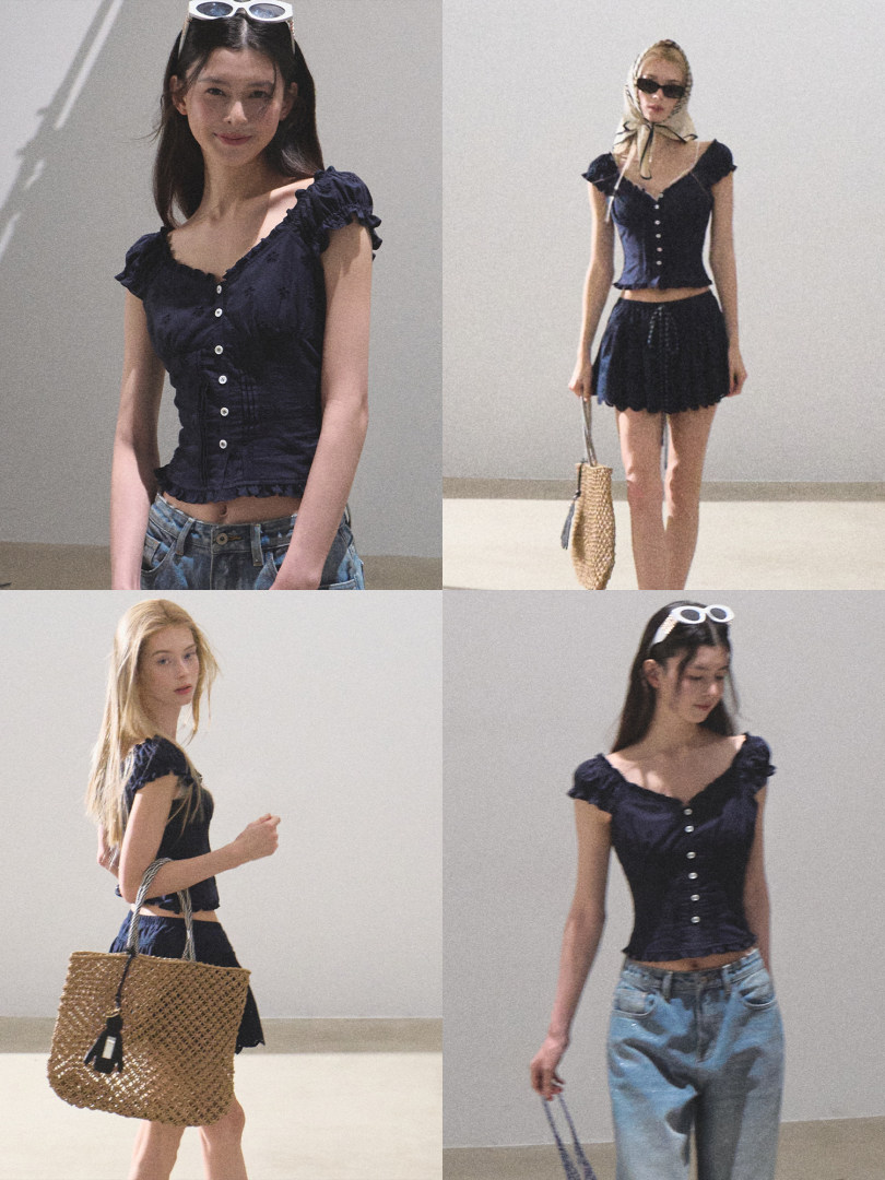 Navy ruffled button-front crop top worn by models in a collage