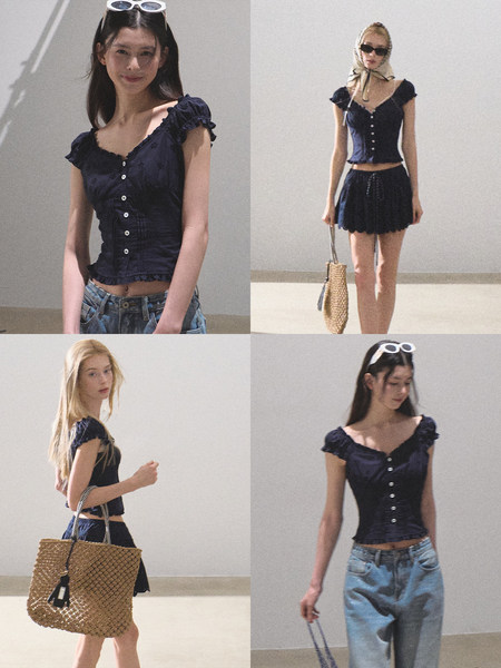 Navy ruffled button-front crop top worn by models in a collage