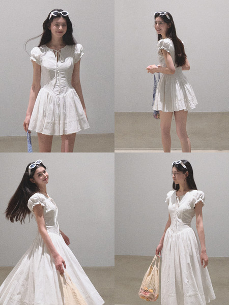 White short-sleeve mini dress worn by a model in multiple poses