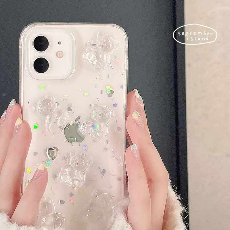 日韩可爱立体水晶小熊苹果滴胶壳